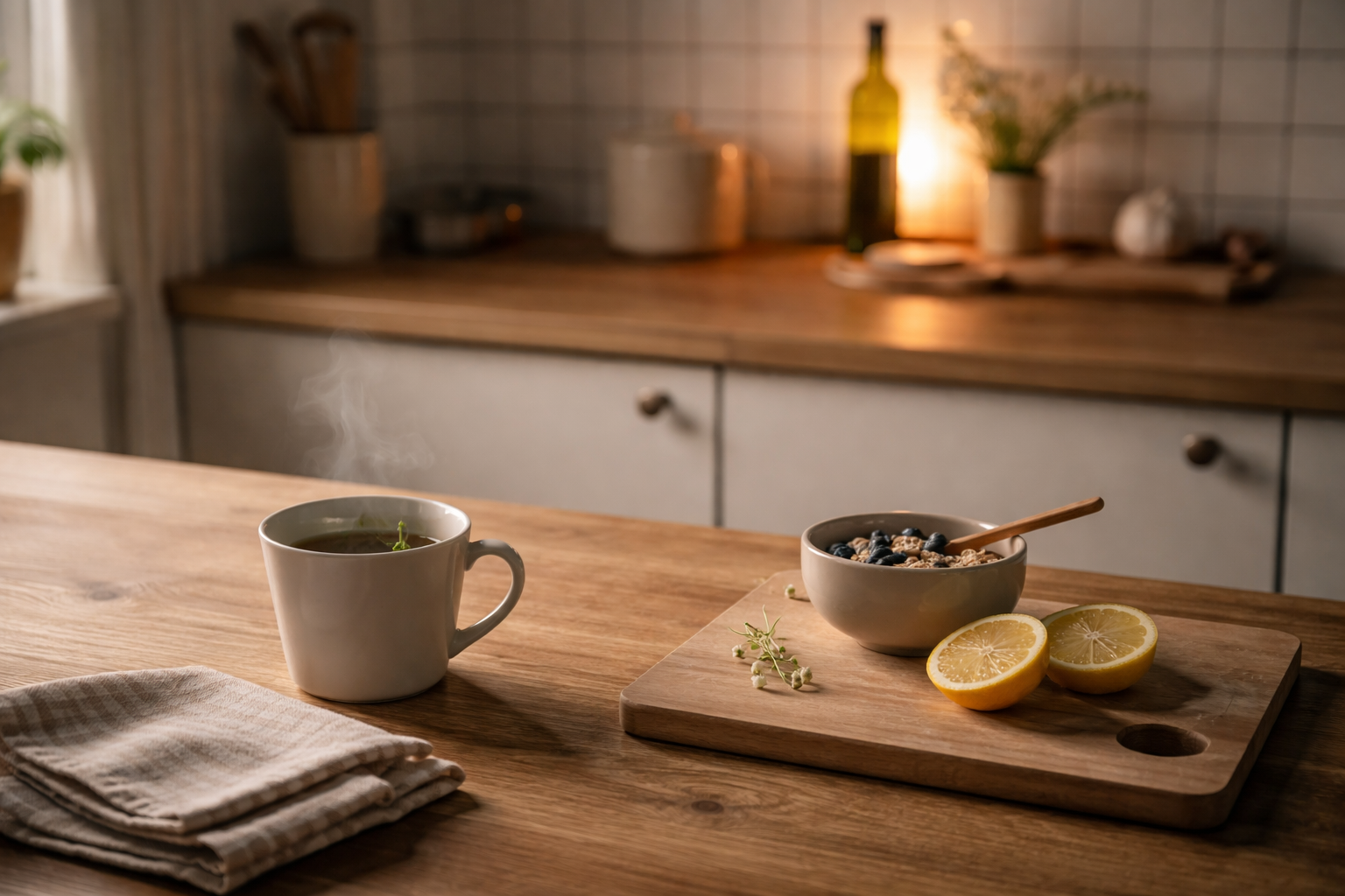 Abendliches Küchenritual mit Kräutertee, aufgeräumter Arbeitsfläche und warmer, ruhiger Atmosphäre